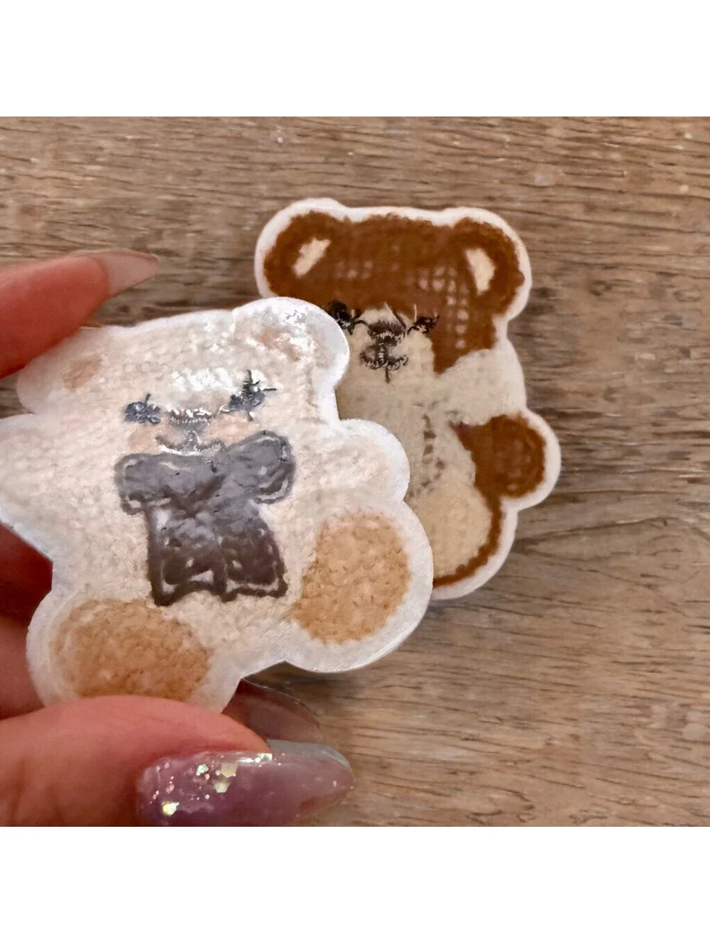 Iron On Patch Set - Chenille Teddy Bear Brown and White with Cute Bows 3D Fluffy